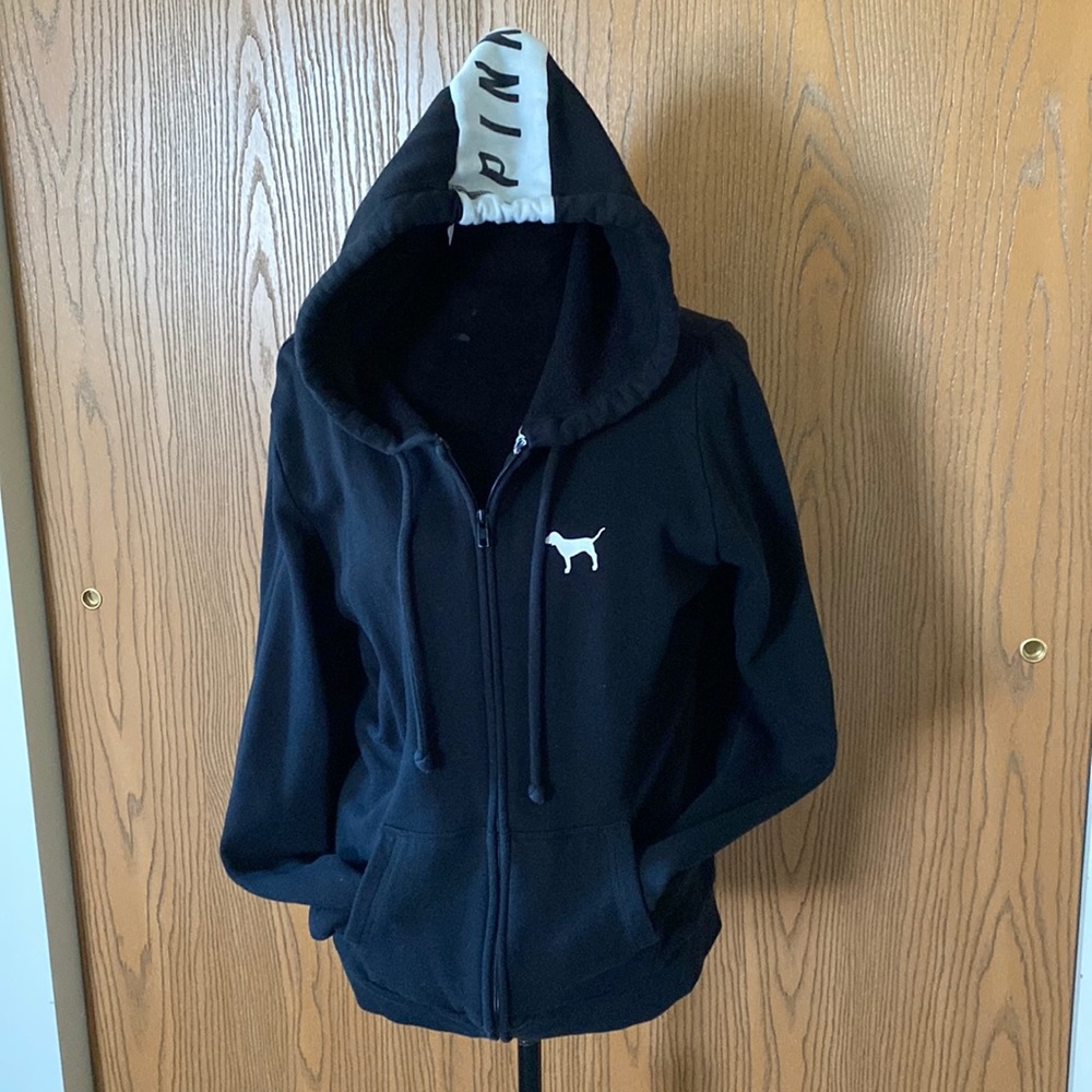 EUC PINK black and white women’s zip up hoodie.